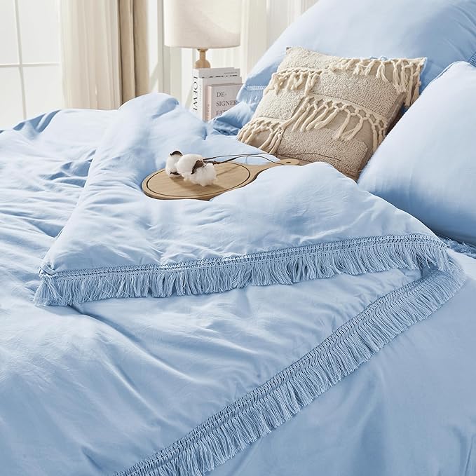 Andency King Size Comforter Set with Sheets Light Blue - 7 Pieces Bed in a Bag Boho Soft Lightweight Bedding Sets, Tassel Bed Set with Comforter, Sheets, Pillowcases & Shams
