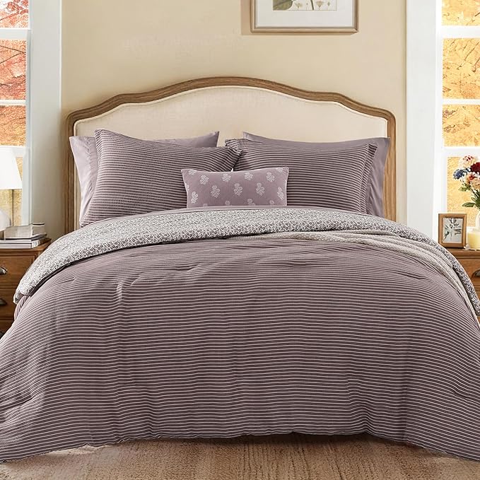 Full Comforter Set - 7 Pieces Deep Purple Gauze Muslin Bedding Sets for All Seasons, Lightweight Breathable Bed in a Bag Full with Revesible Farmhouse Comforter, Sheets, Pillowcases & Shams