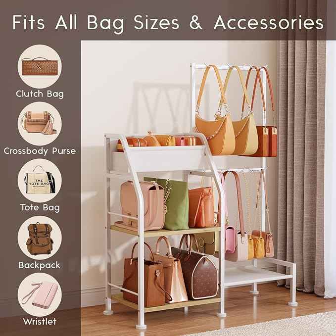 Purse Organizer for Women - 3-Tier Storage Stand & 12 Fixed Hooks, Visible Backpack Storage, Space-Saving Bag Organizer Rack for Home, Closet, White