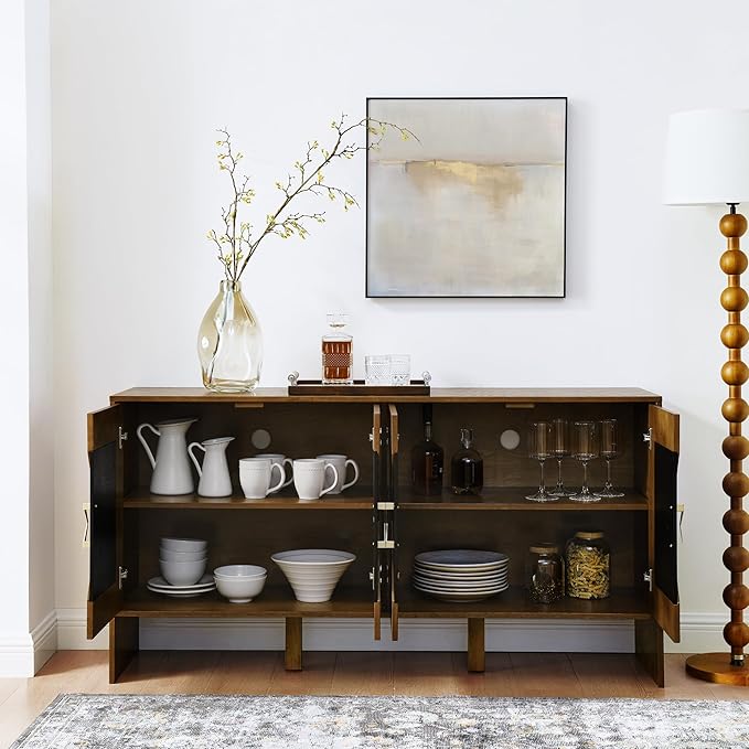 Ball & Cast 60" Mid Century Modern Sideboard Buffet Cabinet with Storage, Credenza & Media Console w/Geometric Pattern Doors & Adjustable Shelves for Living Room,Kitchen Coffee Bar,Entryway,Walnut