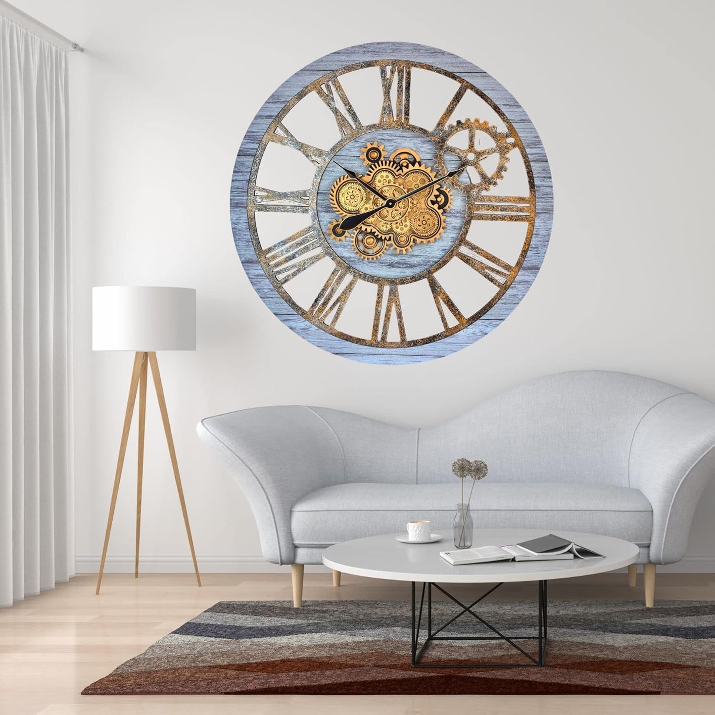 The Gears Clock 36'' Inch Real Moving Gear Wall Clock Vintage Industrial Oversized Rustic Farmhouse (Silver Grey)