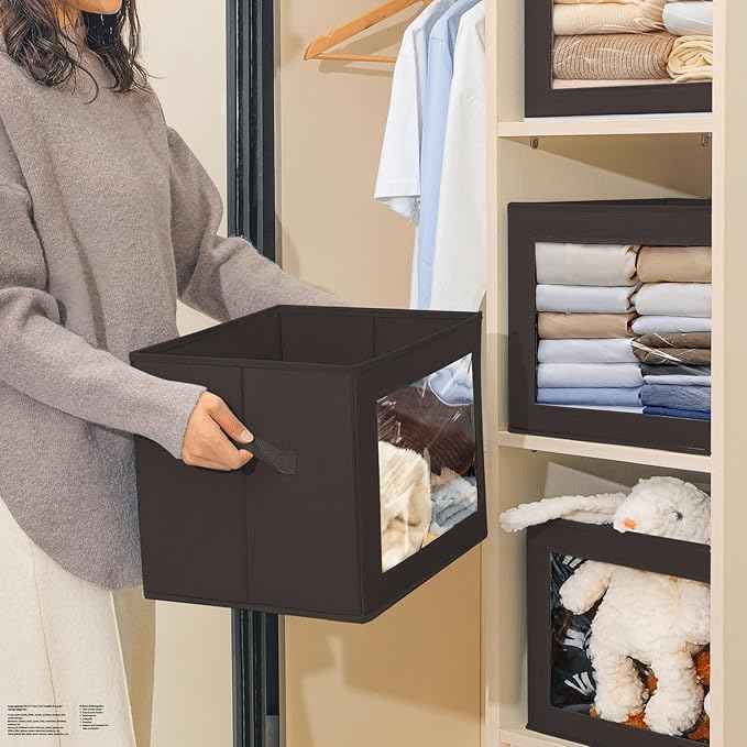 Stackable Storage Bins with Lids - Large Storage Box with Lids, Foldable Closet Boxes for Organizing, Wardrobe Clothes Organizer with Window, Cubes Bins for Living Room, 4 Pack, Brown