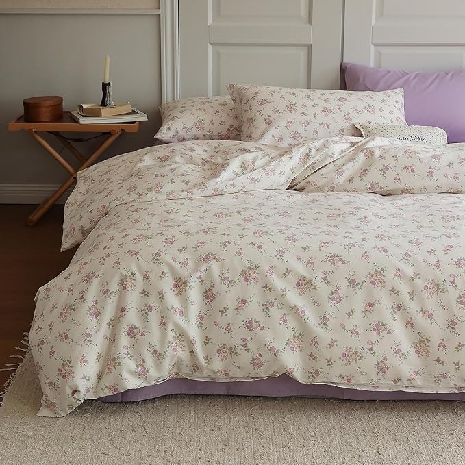 LifeTB Botanical Floral Comforter Set Twin XL Cute Garden Floral Bedding Comforter with 2 Pillowcases Soft Fluffy Pink Purple Flowers Comforter Vintage Style Botanical Comforter Set for Girls Women