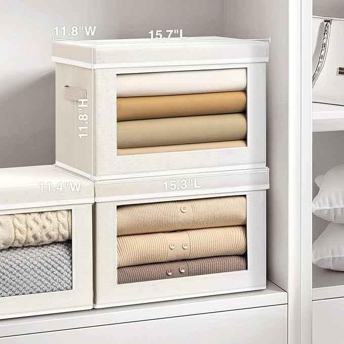 Storage Bins with Lids, 4 Pack Large Storage Cubes with Window, Closet Bins with Lids & Handles, Fabric Box for Organizing Clothes, Towels, Books, Beige