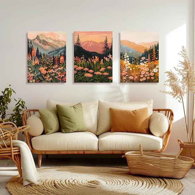 Cyebmo Framed Mountain Wildflower Wall Art Set of 3, Sunset Mountain Nature Wall Decor, Colorful Floral Landscape Canvas Prints, Rustic Botanical Artwork for Bedroom Living Room Office 12x16 Inch