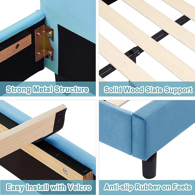 VECELO Twin Size Bed Frame with Storage Organizer, Heavy-Duty Platform with Rabbit Shaped Headboard for Girls Kids Room, Easy Assembly, Blue