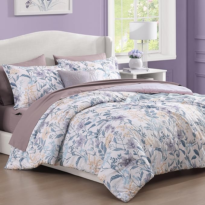 CASAAGUSTO Full Comforter Set, 7 PCS Purple Iris Floral Comforter Set with Flowers Leaves Pattern, Soft Seersucker Design All Season Full Size Bedding Set(80"X90")