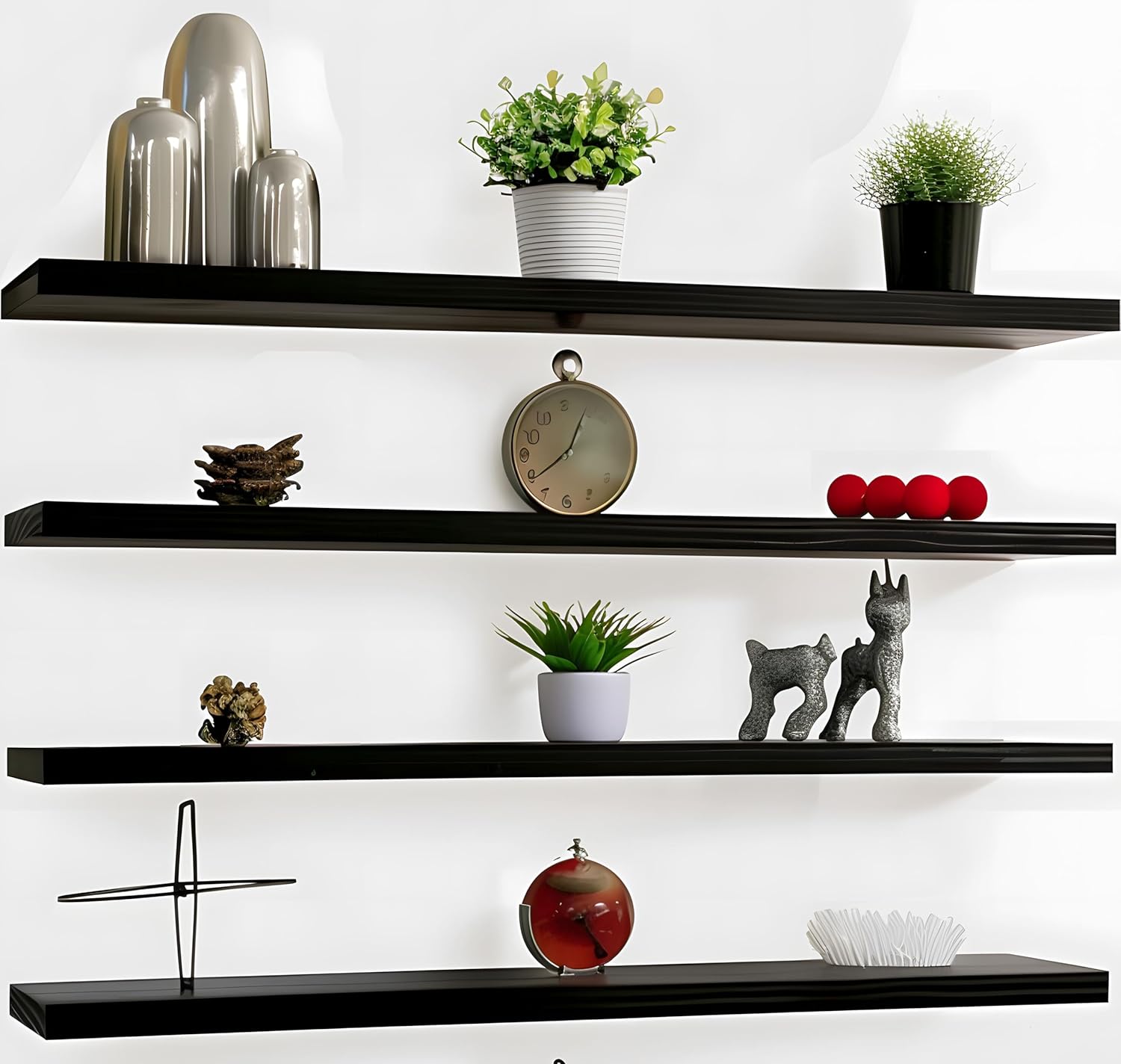 Wood Floating Shelves for Wall Decor, Rustic Wall Shelves for Bedroom Bathroom Kitchen Living Room, Set of 4 Black 48 Inch - Décor Diaries