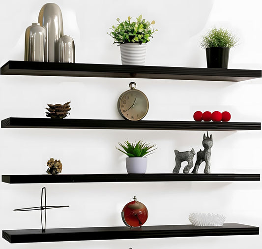 Wood Floating Shelves for Wall Decor, Rustic Wall Shelves for Bedroom Bathroom Kitchen Living Room, Set of 4 Black 48 Inch - Décor Diaries