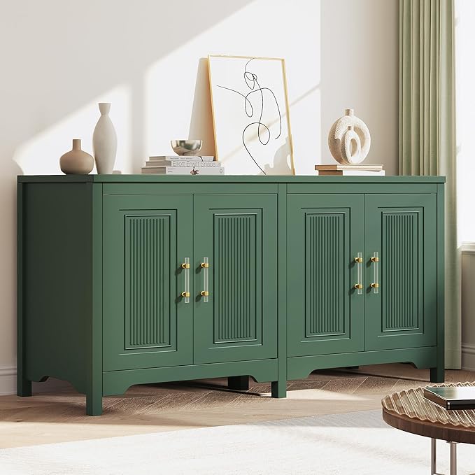 55" Buffet Cabinet with Storage, Modern Fluted Door Design Sideboard Buffet Cabinet with Adjustable Shelf, Coffee Bar Station for Kitchen, Dining Room, Green