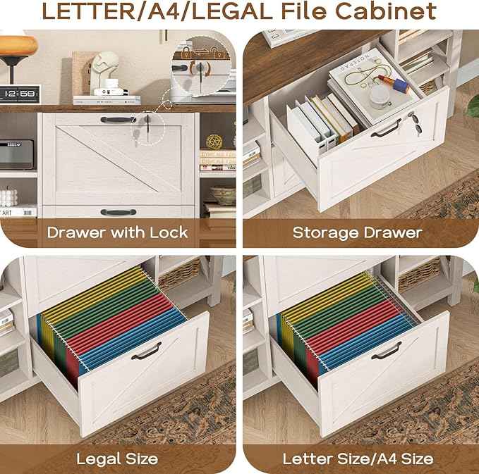 Vabches File Cabinet with 2 Drawers, Farmhouse Lateral File Cabinet Fits Files Letter/A4/Legal Size, Wooden Filing Cabinet with 4 Adjustable Shelves Printer Stand for Home Office, Rustic White