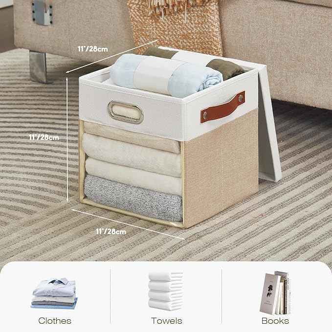 Fabric Storage Cubes with Clear Windows and Lids 11'' Foldable Storage Bins with 3 Handles, Decorative Storage Boxes for Home, Bedroom, Closet, Office (Beige & White)