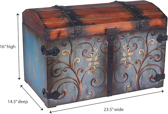 Household Essentials Vintage Wood Storage Trunk, Large, Blue Body/Brown Lid/Floral Design