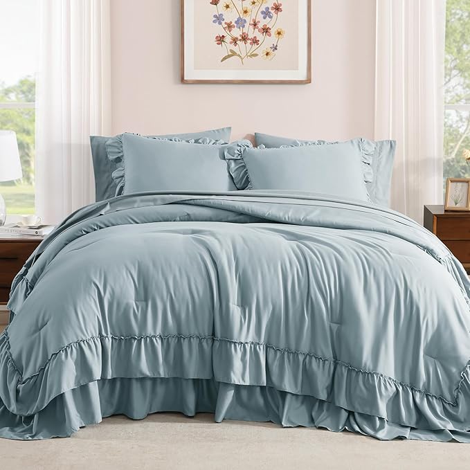 Full Comforter Set Dusty Blue, Ruffle Shabby Chic Bedding Set Farmhouse 7 Pieces, All Season Fluffy Bed in a Bag with Sheets, Pillowcases & Shams