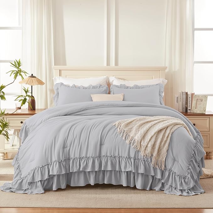 Andency Light Gray Twin Size Comforter Set(66x90Inch), 2 Pieces(1 Ruffle Comforter and 1 Pillowcase) Lightweight Fluffy Bedding Comforter Sets for Kids, All Season Soft Microfiber Bedding Set