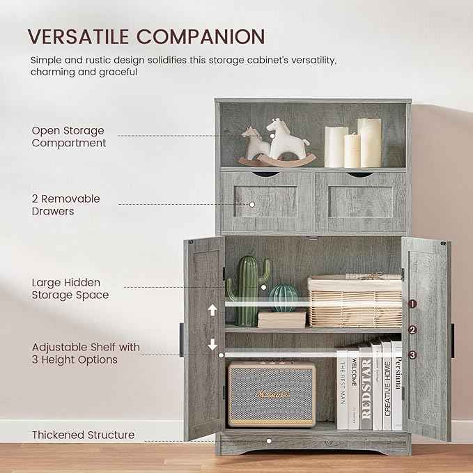 Iwell Storage Cabinet with 2 Drawers & 2 Adjustable Shelves, Kitchen Cabinet, Cupboard, for Living Room, Kitchen, Entryway, Home Office, Grey