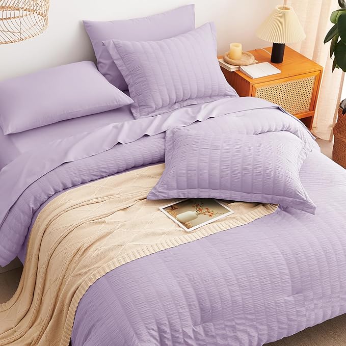 CozyLux Full Seersucker Comforter Set with Sheets Light Purple Bed in a Bag 7-Pieces All Season Lavender Bedding Sets with Comforter, Pillow Sham, Flat Sheet, Fitted Sheet, Pillowcase