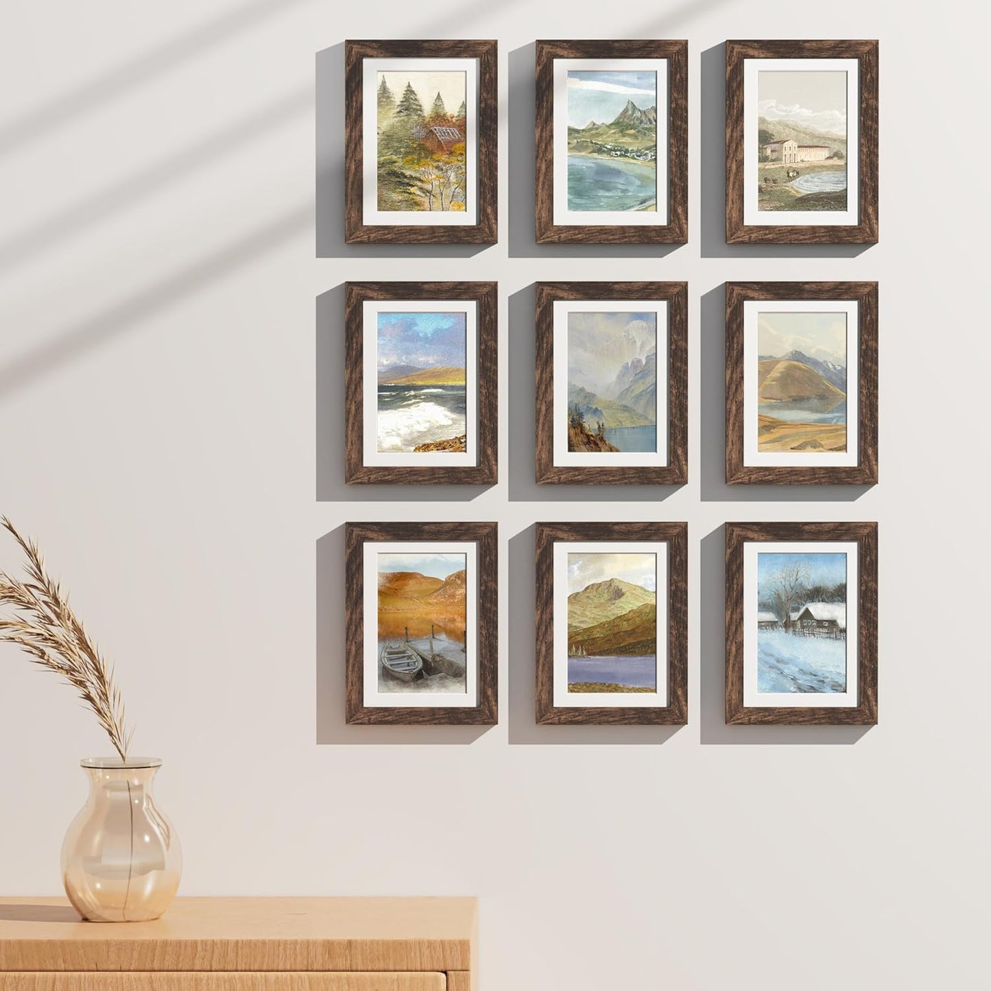 Vittanly 5x7 Picture Frames Set of 9, Shatter Resistant Plexiglass, Display 4x6 Pictures with Mat or 5x7 without Mat, Photo Frames for Wall or Tabletop, Engineered Wood, Brown