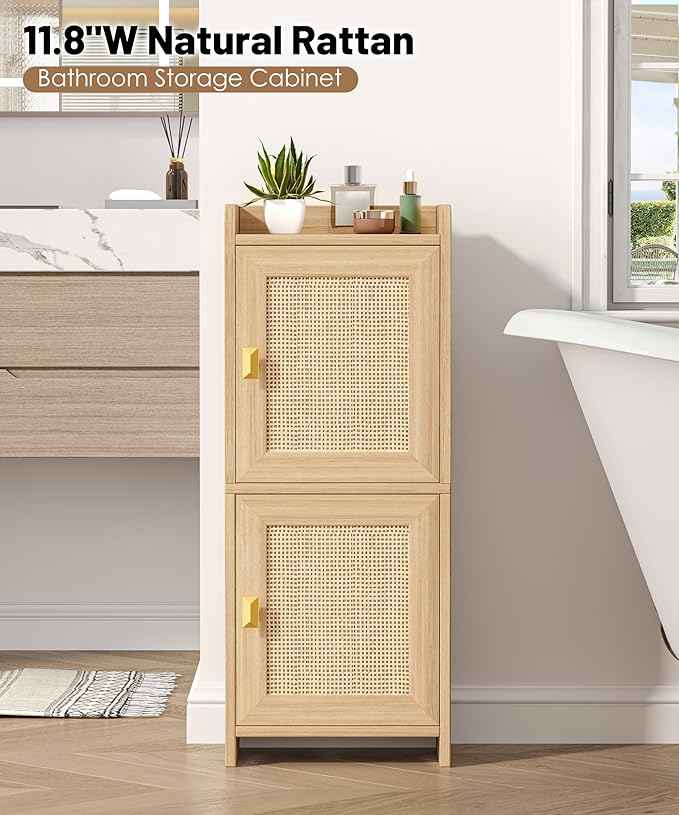 Rattan Small Bathroom Cabinet with 2 Doors, 7.9''D x 11.8''W Narrow Toilet Paper Storage Cabinet, Bathroom Organizer for Small Space, Wooden Slim Corner Unit with Adjustable Shelf, Natural Oak