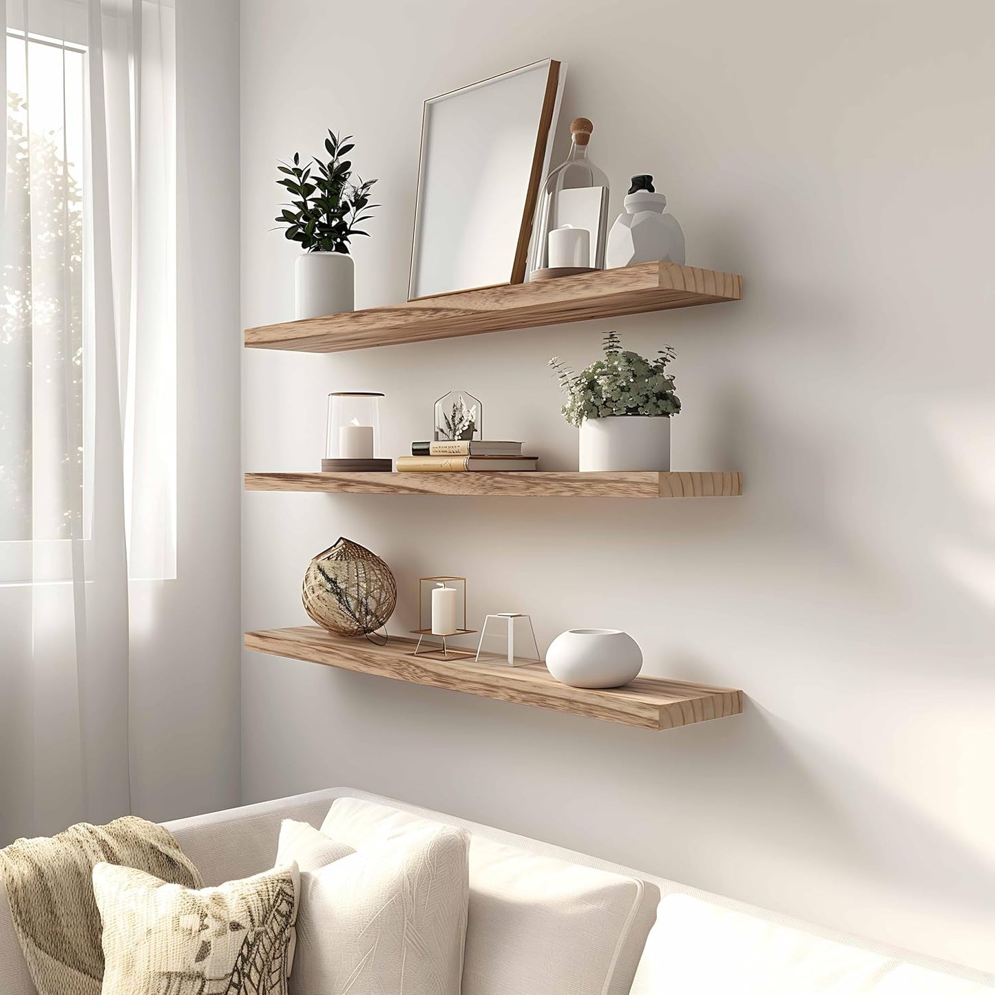 Wood Floating Shelves for Wall, Rustic Wall Shelves for Bedroom, Wall Mounted Floating Shelf, Set of 4 Light Walnut 36 Inch - Décor Diaries