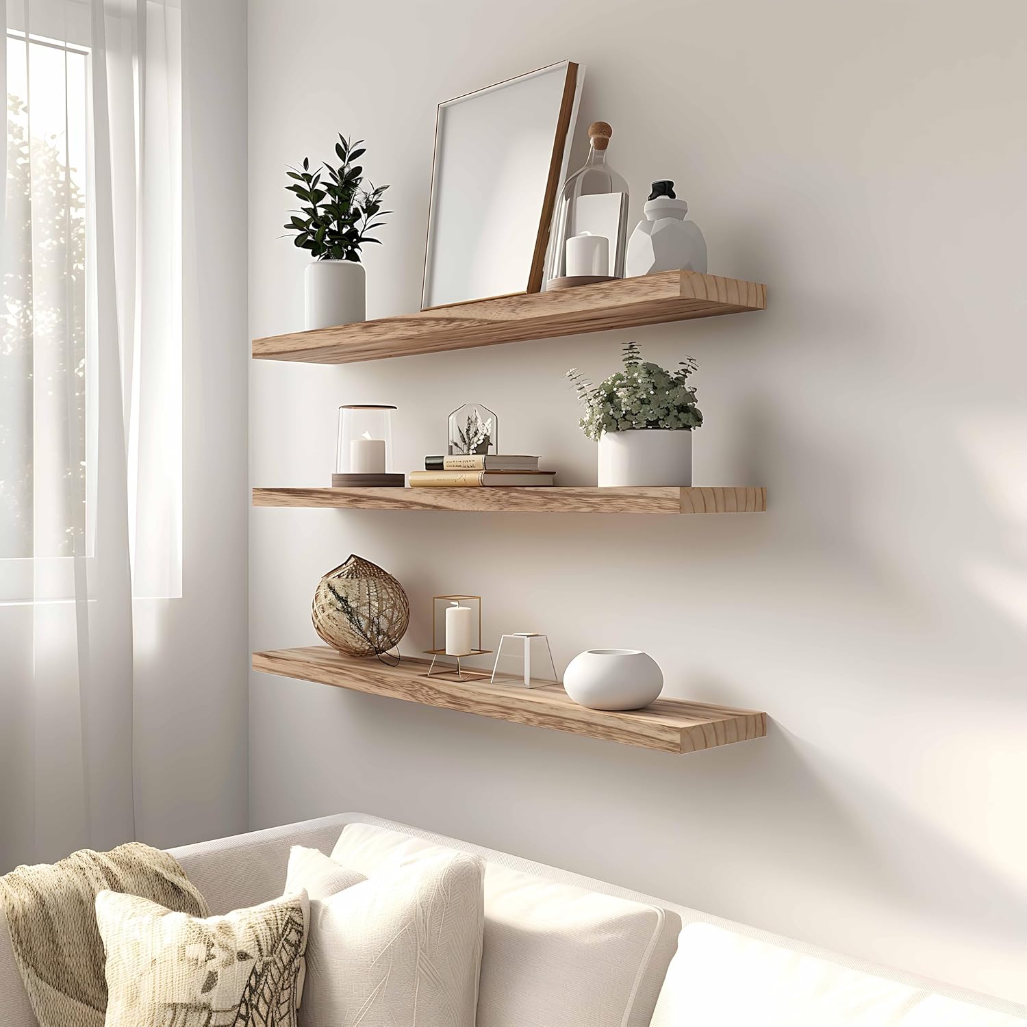 Wood Floating Shelves for Wall, Rustic Wall Shelves for Bedroom, Wall Mounted Floating Shelf, Set of 4 Light Walnut 36 Inch - Décor Diaries