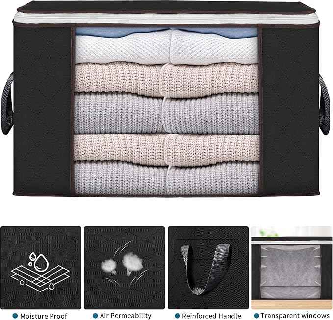 Large Storage Bags, 3 Pack Clothes Storage Bins Foldable Closet Organizers Storage Containers with Durable Handles Thick Fabric for Blanket Comforter Clothing Bedding 90 L (Black)