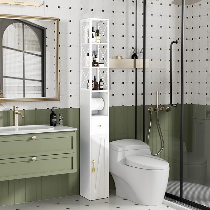 VECELO Tall Narrow Storage Cabinet with X-Frame Metal Design, Slim Freestanding Bathroom Cabinet with Toilet Paper Holder, Magnetic Door & Drawer, for Small Spaces, 7.9" D x 7.9" W x 67" H, White
