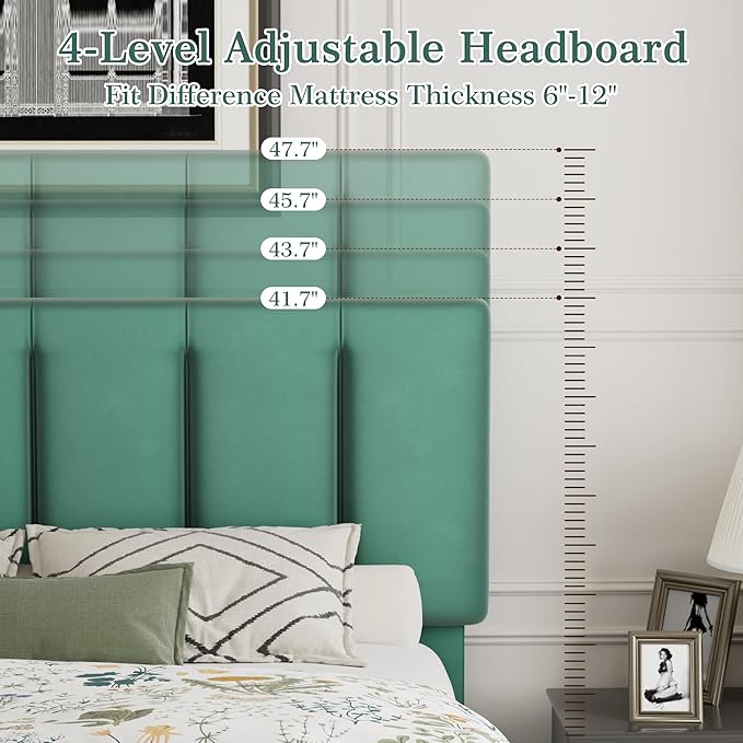 VECELO Queen Size Bed Frame with Adjustable Headboard, Upholstered Platform Bedframe with Wood Slat Support, No Box Spring Needed, Easy Assembly, Dark Green