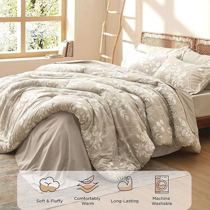 Bedsure Queen Comforter Set - 7 Pieces Floral Beige Soft Bedding Sets, Queen Bed in a Bag with Botanical Flowers Comforter, Sheets, Pillowcases & Shams