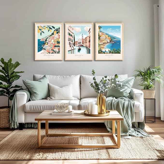 Cyebmo Italy Travel Wall Art, Amalfi Coast Landscape Wall Decor, Blue Venice Coast Canvas Artwork, Italian Modern City Aesthetic Picture for Living Room Bedroom Bathroom Wood Framed 16"x24"x3