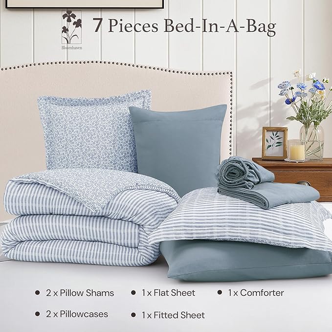 Full Comforter Set - 7 Pieces Blue Gauze Muslin Bedding Sets for All Seasons, Lightweight Breathable Bed in a Bag Full with Revesible Farmhouse Comforter, Sheets, Pillowcases & Shams