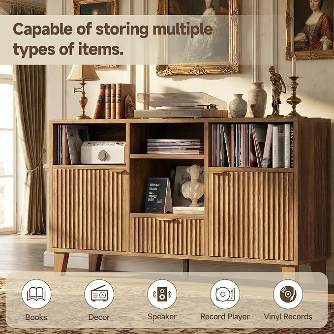 Large Round Record Player Stand with Vinyl Record Storage & Charging Station, Modern Turntable Cabinet with Power Outlet and USB Ports for Living Room and Bedroom (Walnut)