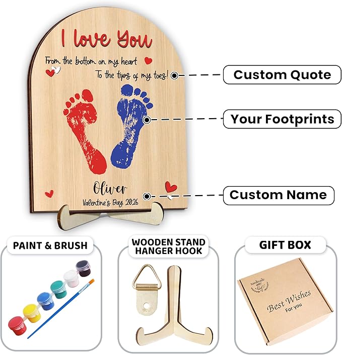 Personalized Handprint Wooden Sign Gift for Baby Showers, DIY Baby Footprint Kit with Paints, Art Craft Newborn Keepsake, Gift for New Mom, Parents, Grandparents, Mothers Fathers Day, Valentines