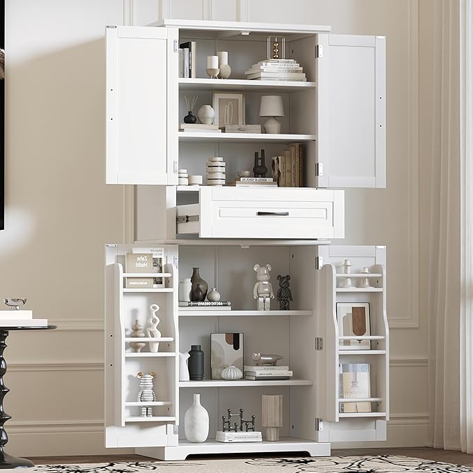 72" Storage Cabinet with Multi-Functional Rack Organizer, Tall Kitchen Cupboard Pantry for Home/Living Room/Office/Bathroom, Adjustable Shelf, White