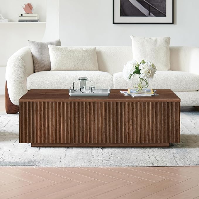 Henn&Hart 48" Fluted Rectangular Low-Profile Coffee Table with Ribbed Base for Living Room, Family Room, or Office, Medium Walnut