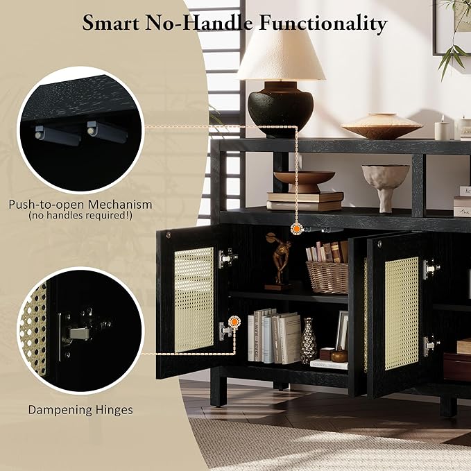 Ball & Cast 60" Rattan Buffet Sideboard Cabinet with Storage, Modern Boho Coffee Bar w/Push-to-Open Doors & Adjustable Shelves, Wood Console Cabinet for Kitchen,Livingroom & Dining Room, Black