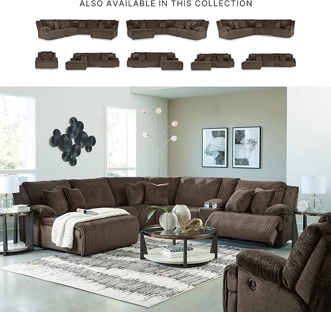 Signature Design by Ashley Top Tier Casual Manual Left-Arm Facing 4-Piece Reclining Sectional with Chaise, Console, Storage, 2 Cup Holders and 4 Accent Pillows, Dark Brown