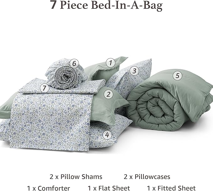 Monbix Full Size Comforter Set - 7 Pieces Sage Green Prewashed Bed in a Bag Full Bedding Sets with Comforters, All Seasons Ultra Soft Comforter Bed Set with Sheets,Pillowcases & Shams