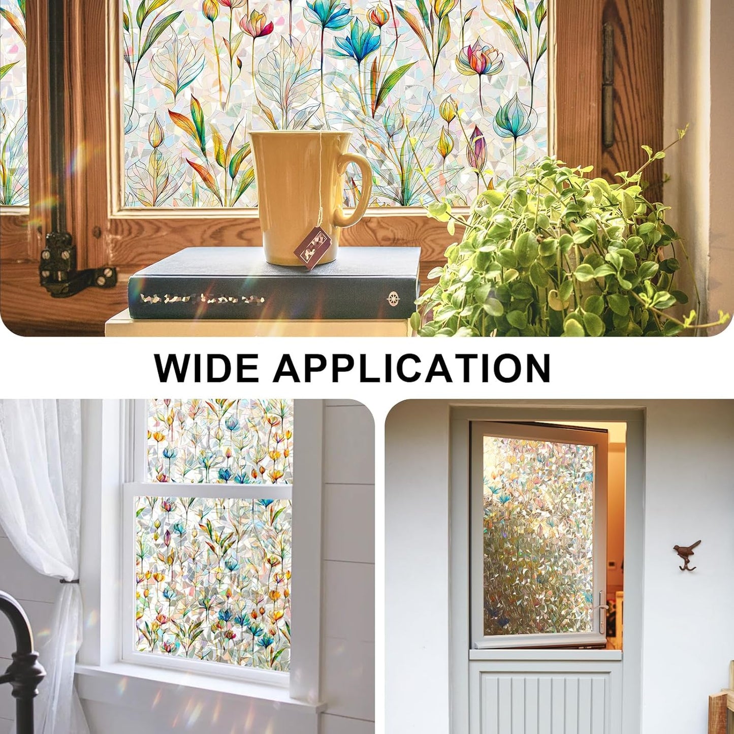 Rainbow Window Privacy Film 3D Floral Decorative Stained Glass Window Film Anti UV Non-Adhesive Reusable 17.5" x 157.4" for Home Room Car Glass Cling