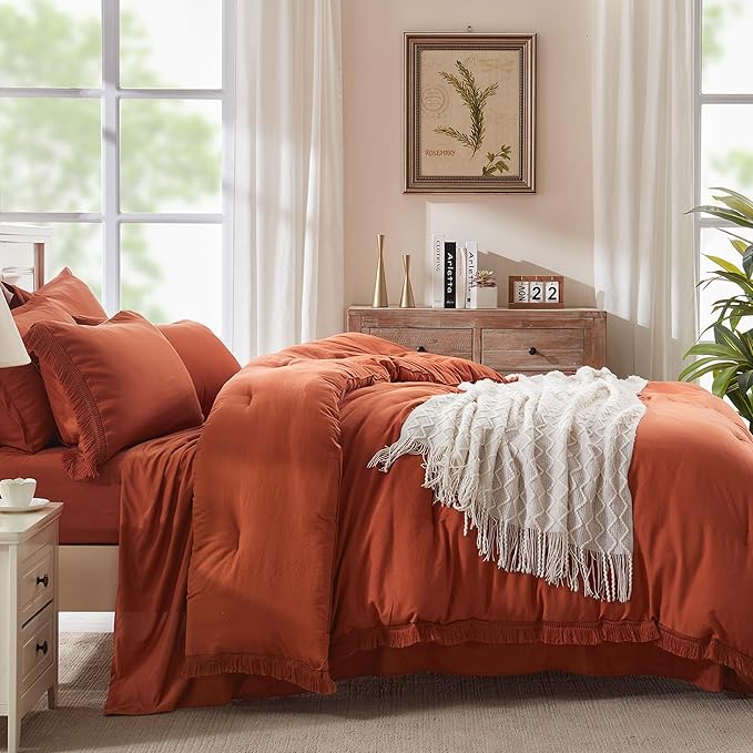 Andency California King Size Comforter Set with Sheets Brunt Orange - 7 Pieces Cal King Bed in a Bag Boho Bedding Sets, Terracotta Rust Bed Set with Comforter, Sheets, Pillowcases & Shams