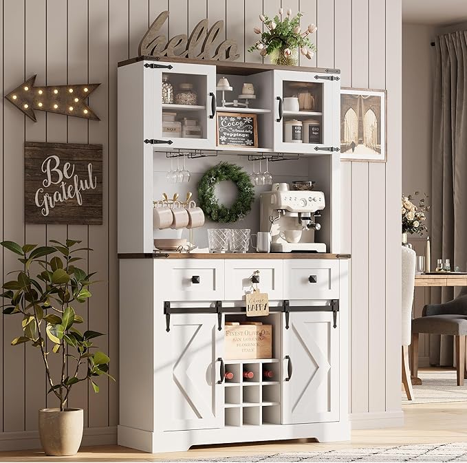 72 in Farmhouse Bar Cabinet with Sliding Barn Door, Tall Kitchen Buffet with Storage Hutch and 3 Drawer, Rustic Coffee Wine Bar Sideboard with Wine & Glasses Rack, for Living Room, Pure White