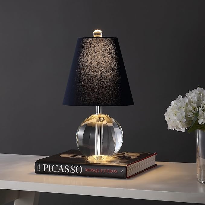 JONATHAN Y JYL2079D 16" Glam Crystal Ball Table Lamp, Modern Bedside Nightstand Lamp for Bedroom Living Room Office, Clear Glass Orb with Navy Linen Shade and Chrome Accents, LED Bulb Included