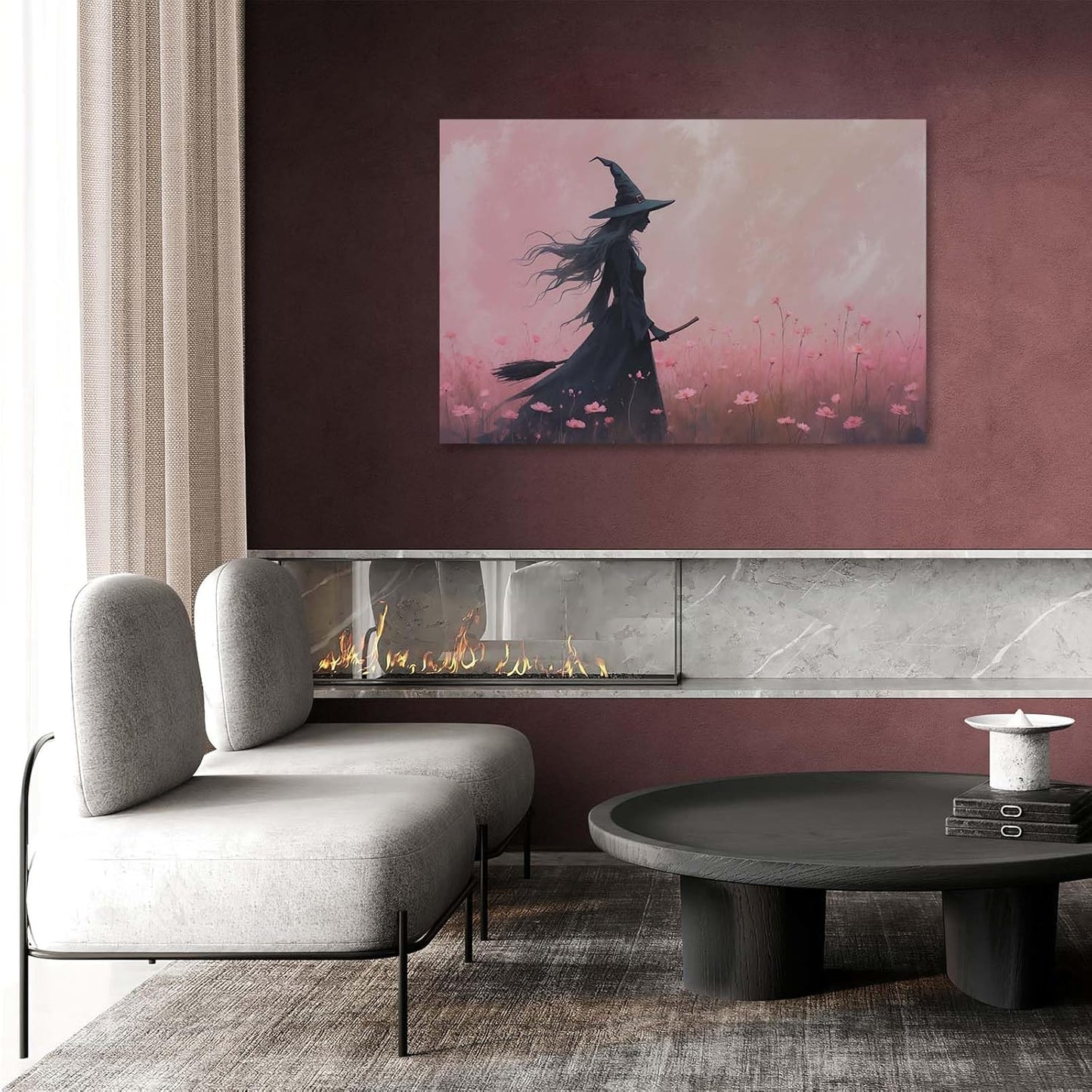 Witch in the pink sea of flowers Halloween prints weird flowers wall art silhouette painting fashionable romantic decoration suitable for bedroom20x30in Wood Framed