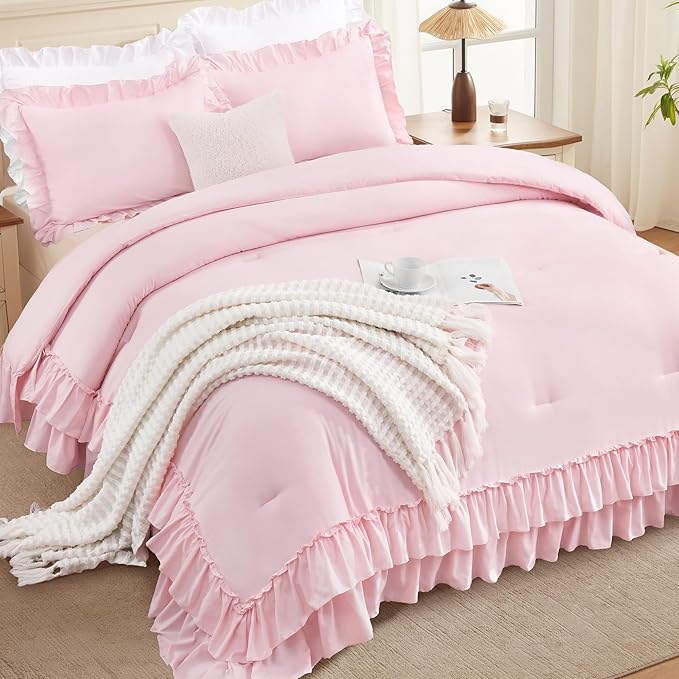 Andency Pink Ruffle Comforter Set King, Shabby Chic Farmhouse Bedding Comforter, Soft Lightweight Fluffy Microfiber Bet Set All Season 3 Pieces Solid Comforter Set