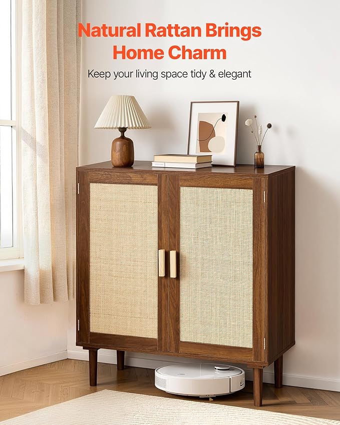 VEVOR Rattan Cabinet, Rattan Storage Cabinet with 2 Magnetic Doors and Adjustable Shelves, Accent Sideboard Buffet with Wooden Legs & Power Cord Hole for Hallway, Entryway, Living Room, Kitchen, Brown
