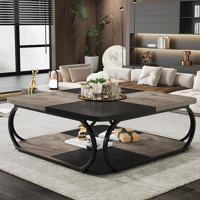 Tribesigns Coffee Table with Open Storage Shelf for Living Room, 39 Inch Large Wood Center Table Square Low Coffee Tables 2 Tier Farmhouse Tea Table with Metal Frame for Home Office, Black Rustic Grey