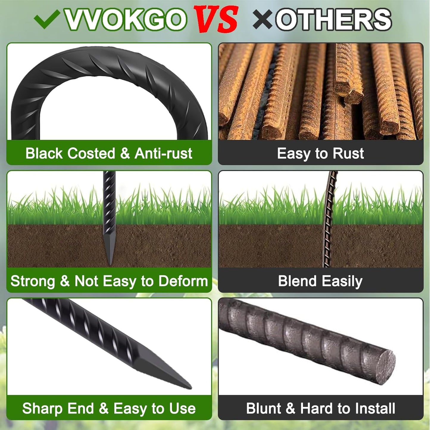 VVOKGO Rebar Stakes 18 Inch J Hook Heavy Duty Ground Anchors (32-Pack), 3/8" Diameter Metal Steel Extra Long Fence Stakes with Chisel Point End for Greenhouse, Gazebo, Carport, Camping Tents, Black