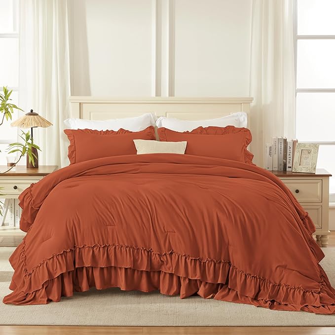 Andency Terracotta Full Size Comforter Set (79x90Inch), 3 Pieces Fluffy Farmhouse Shabby Chic Ruffle Bedding Sets, All Season Soft Lightweight Bed Set, Burnt Orange