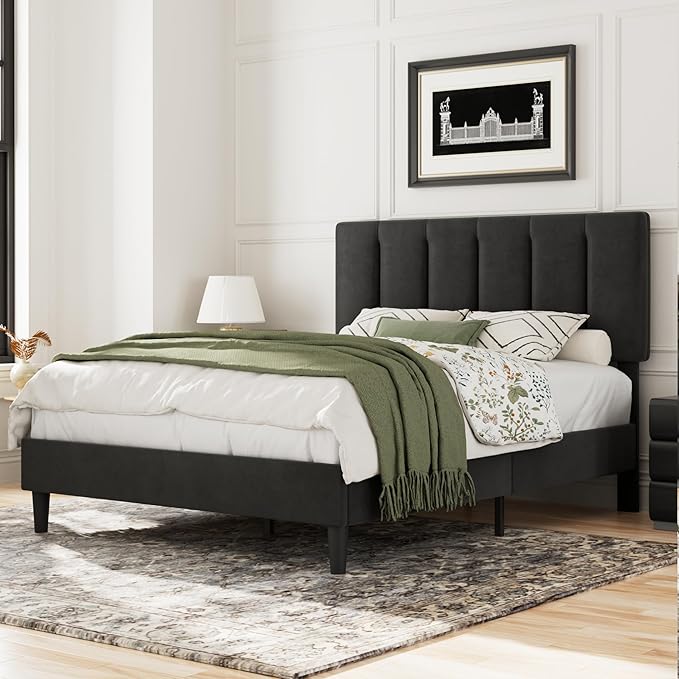 VECELO Full Bed Frame with Upholstered Headboard, Heavy-Duty Platform Bedframe with Strong Wooden Slats Support, No Boxing Spring Needed, Velvet & Black