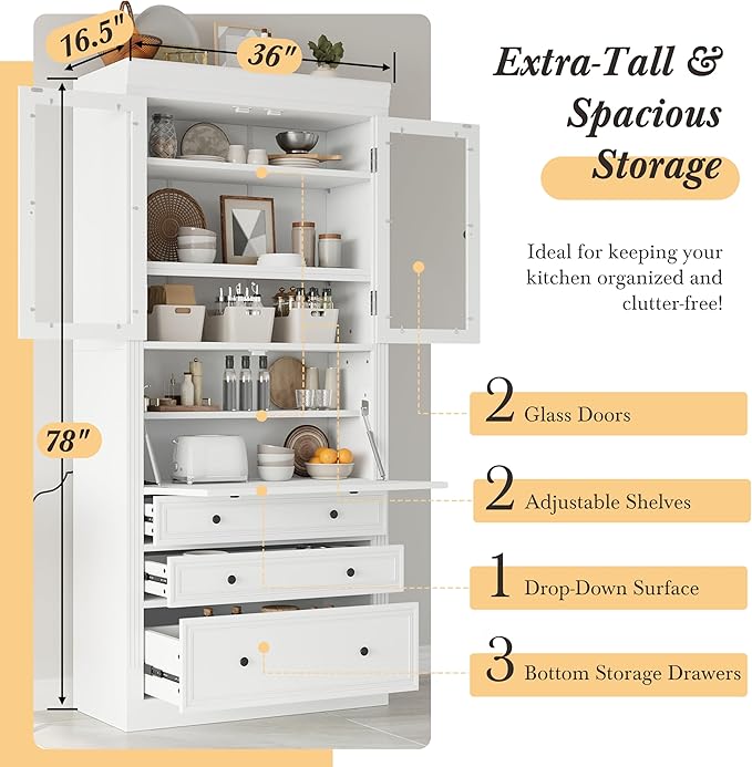 Merax 78 Inch Extra-Tall Freestanding Kitchen Pantry Storage Cabinet, Multifunctional Cupboard with 3 Drawers, Adjustable Shelves & Power Outlet Drop-Down Surface for Dining and Living Room, White